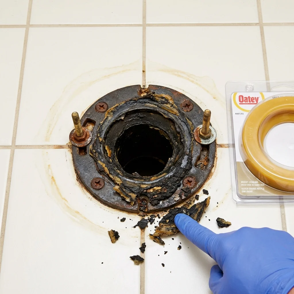 Failed wax ring showing water seepage at the base of a toilet in a Dayton, TX home