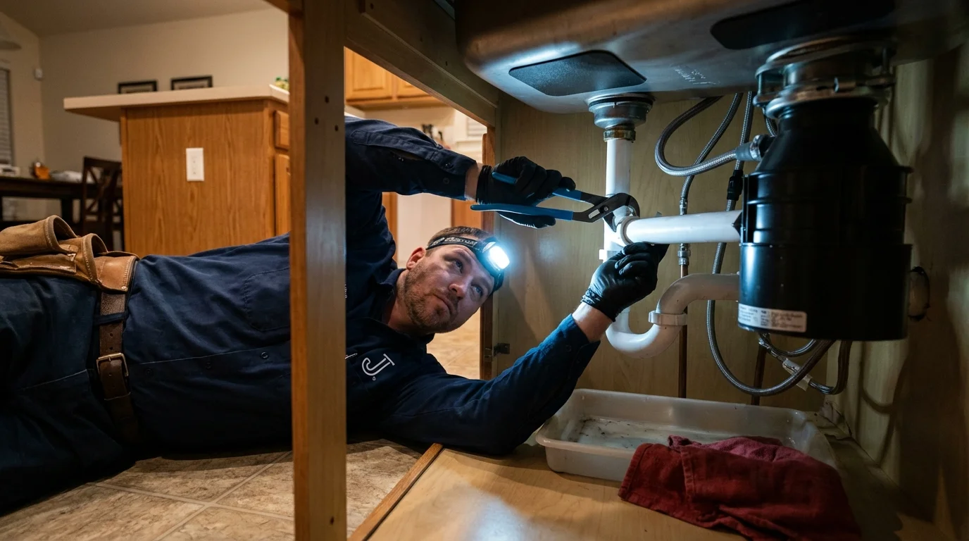 P-trap and supply line connections under a kitchen sink showing a common leak point in Dayton, TX